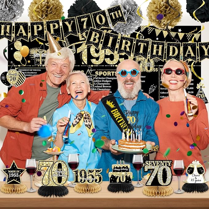 70th Birthday Decorations for Men, Black Gold Back In 1955 Birthday Banner Decorations, Vintage 70th Birthday Table Decorations, Cake Topper, Balloons, Backdrop, Sash Party Supplies for Men