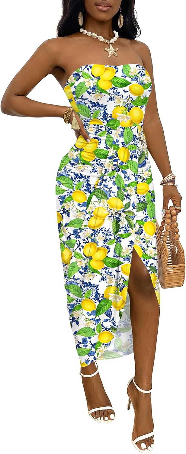 Umenlele Women's Strapless Ruched High Waist Wrap Split Asymmetrical Beach Maxi Long Dress