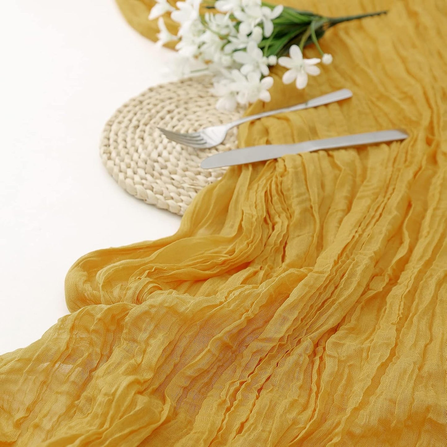 DOLOPL Mustard Yellow Cheesecloth Table Runner 13.3ft Boho Gauze Cheese Cloth Table Runner Rustic Sheer Runner 160inch Long for Wedding Bridal Baby Shower Birthday Party Cake Table Decorations