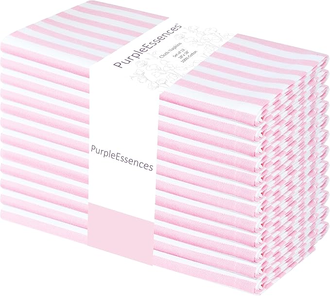 PurpleEssences Plain Striped Cloth Napkins - Set of 12-100% Cotton - 18 x 18 Inch - Spring Easter Summer and Perfect Everyday Use Dinner Napkin - Blush Pink and White