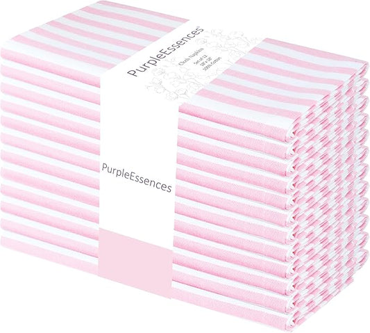 PurpleEssences Plain Striped Cloth Napkins - Set of 12-100% Cotton - 18 x 18 Inch - Spring Easter Summer and Perfect Everyday Use Dinner Napkin - Blush Pink and White