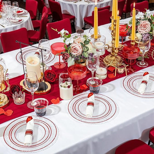 Ciaell 350 PCS Clear and Red Plastic Plates – Red Dinnerware Set for 50 Guests Include 100 Plastic Plates, 50 Pre Rolled Napkins with Cutlery Set, 50 Cups for Wedding & Party & Anniversary