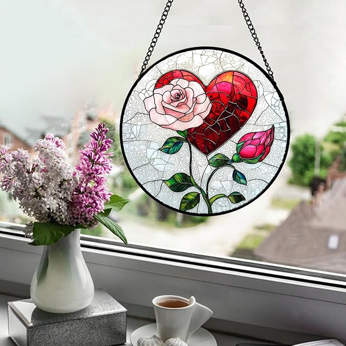 Stained Glass Window Hanging Red Heart Pink Rose Flower Large 15" - Suncatcher Door Garden Sun Catcher Decor Birthday Anniversary Valentines Day Gifts for Woman Wife Men Her Him Lovers Mom