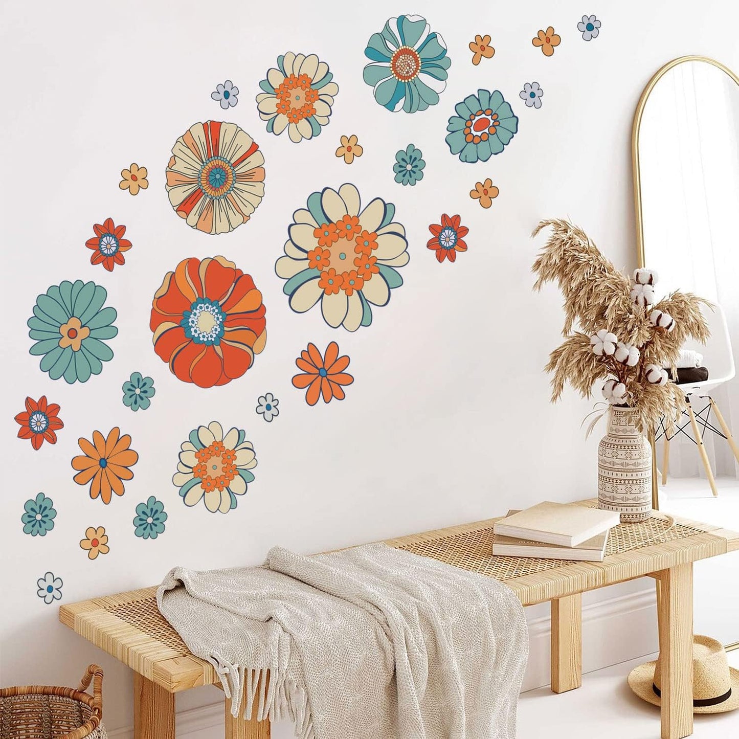 Supzone Boho Retro Floral Wall Decals Large Vintage Flower Wall Stickers Colorful Hippie Flower Wall Art Stickers for Bedroom, Living Room, Offices, Sofa, TV Backdrop Decoration