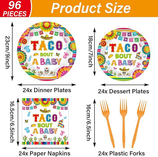 96Pcs Taco Baby Shower Party Supplies Taco Bout A Baby Paper Plates Napkins Dia De Los Muertos Mexican Fiesta Party Decorations Day of The Dead Dinnerware Favor Boys Girls Tableware Serves 24