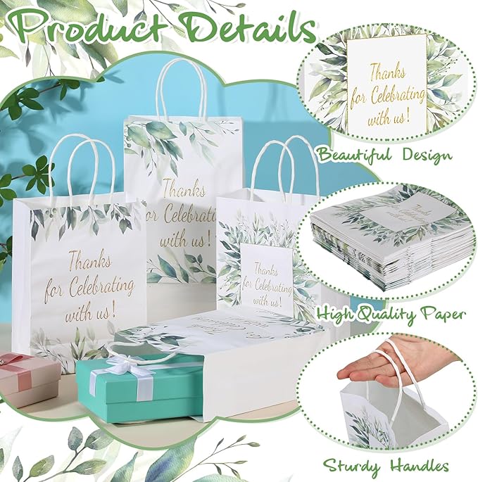Colarr 24 Pcs Greenery Thank You Gift Bags Bulk 4 Design with Handles Wedding Thank You Baby Shower Favor Paper Bags for Wedding Birthday Favors Graduation Party Gifts 6.3 x 3.1 x 8.7 Inches