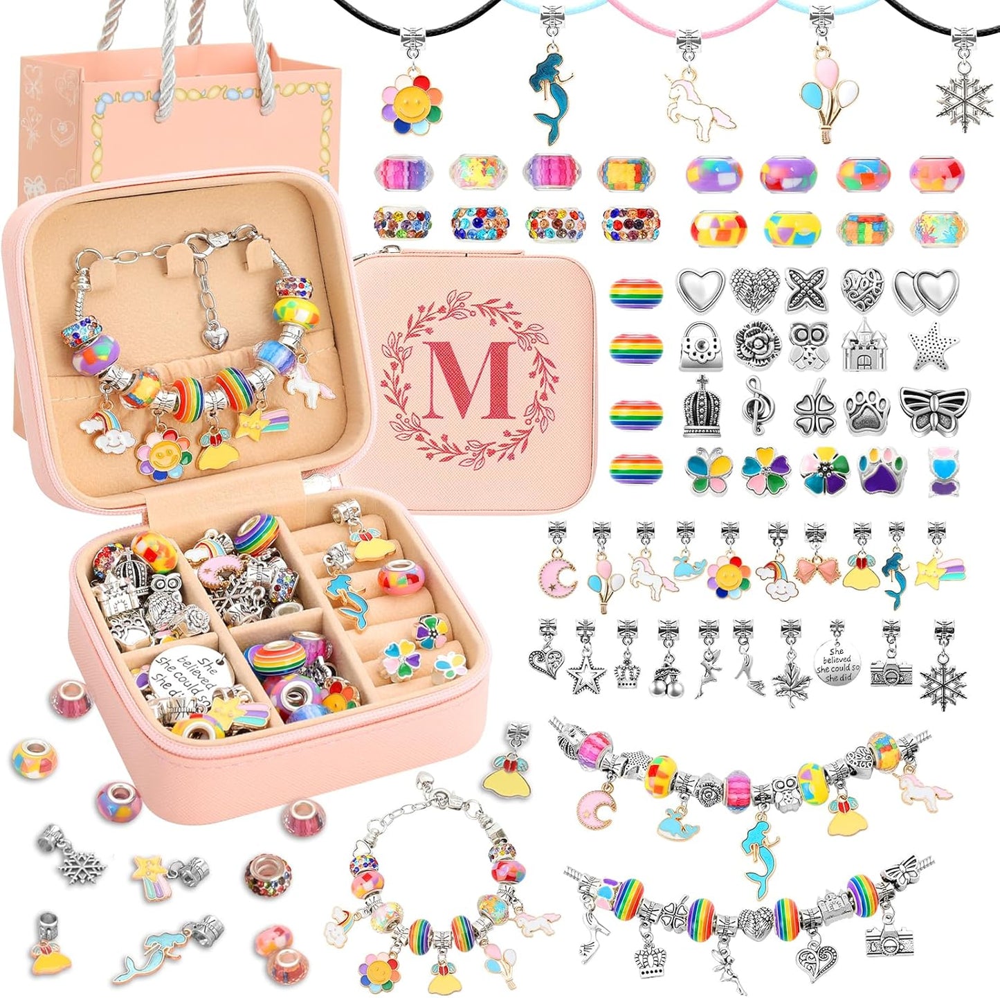 Charm Bracelet Making Kit for Girls 3-12, Kids Jewelry Making Kit 66Pcs Jewelry Kits for Girls Ages 8-12 Jewelry Maker Craft Necklace Birthday Christmas Gifts with Initial Jewelry Organizer Box - M