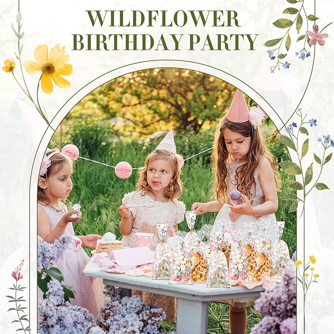 Sweetude 100 Pcs Wildflower Party Cellophane Treat Bags Floral Candy Plastic Clear Goody Bags Flat Bottom Gift supplies for Baby Shower Bridal Shower Birthday Wedding Party Favors,11 x 5