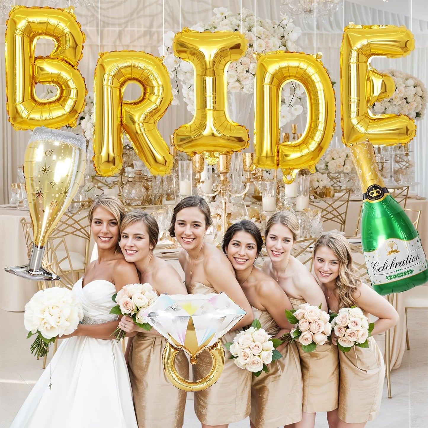 40inch Bride Balloons Gold Letters Banner, Bachelorette Party Decorations Set with Diamond Ring Champagne Bottle Balloon Glass Foil Balloon for Gold Bachelorette Engagement Wedding Bridal Shower Decor