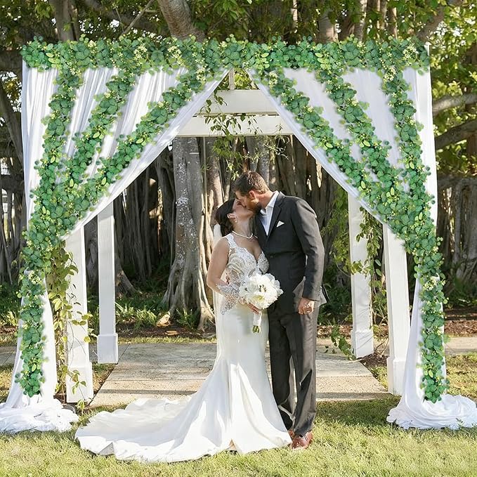 Artificial Eucalyptus Garland 5.9 Ft Faux Silk Leaf Silver Dollar Eucalyptus Leaves Vines Garland Greenery Wedding Backdrop Party Table Runner Room Mantle Indoor Outdoor Arch Wall Decoration (2PCS)