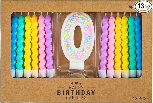 PHD CAKE Number 0 Birthday Candle Macaron Glitter Number Candle with Rainbow Spiral Candles in Holders for Cake Topper, Pastel Sweet Theme Party Decoration