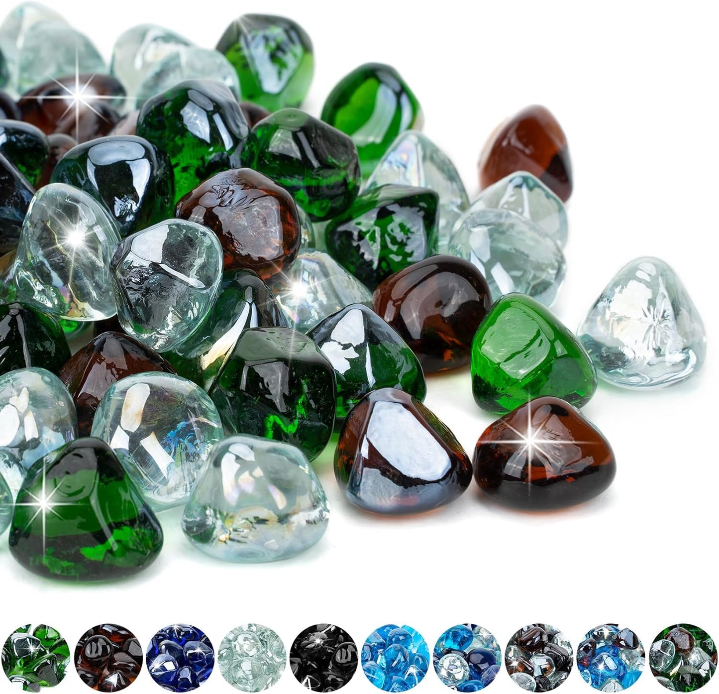 Mr. Fireglass 10 Pounds Blended Fire Glass Diamonds for Fireplace Fire Pit & Lanscaping - 1 inch High Luster Fire Rocks with Mixed Colors (Emerald Green+Crystal Ice+Amber)