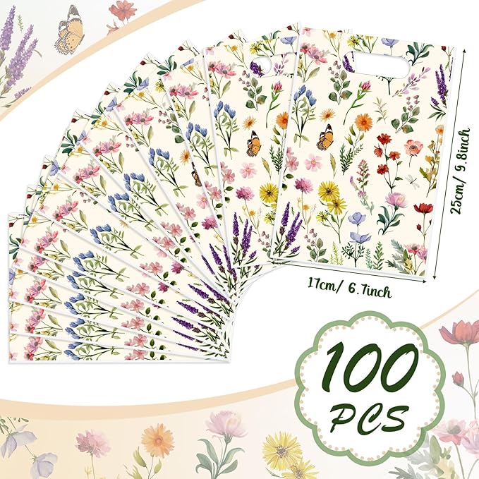 100 Pcs Wildflower Gift Bags Vintage Wildflower Party Favor Bag with Handle Plastic Goodie Candy Treat Gift Wrapping for Wedding Baby Shower Birthday Party Favors Supplies (Retro)