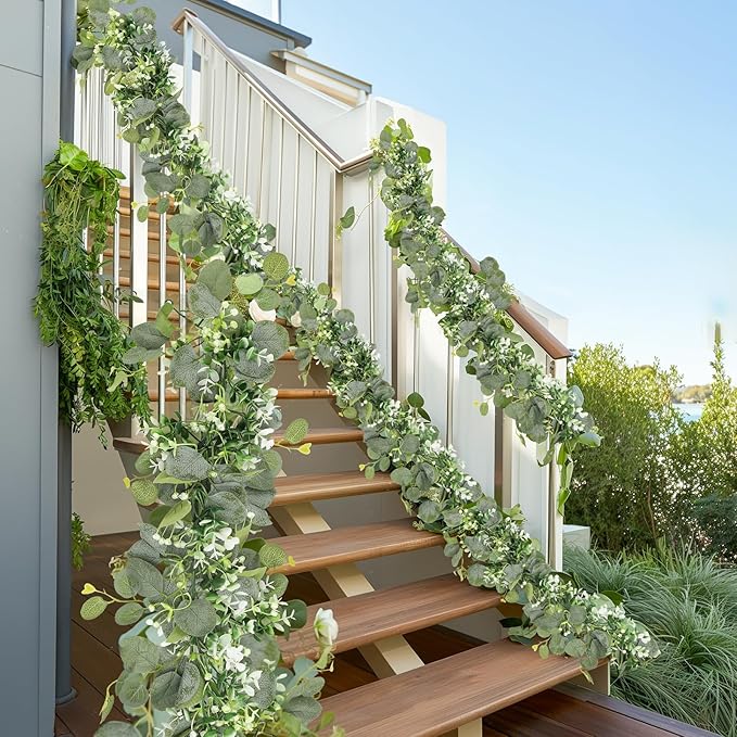 N&T NIETING 4 Pack Artificial Eucalyptus Garland with Lights, 6FT Artificial Greenery Garlands, Battery Operated Twig Vine for Room Stairs Mantle Wedding Holiday Easter Decoration Indoor Outdoor