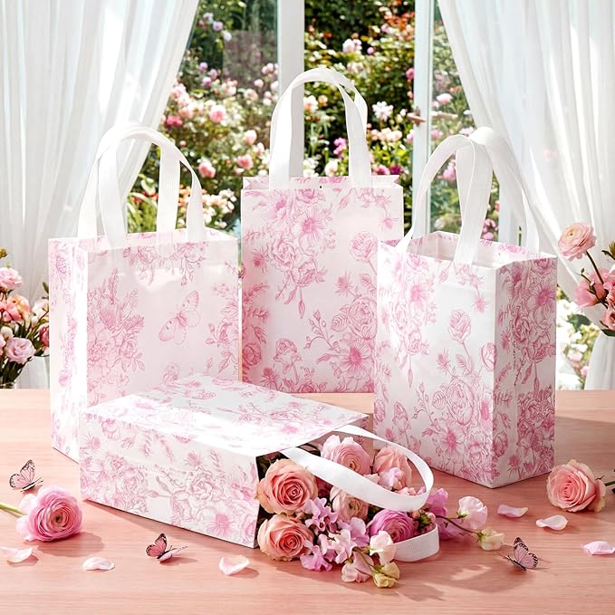 Wovnet 30 Pcs Pink Floral Gift Bags Bulk Reusable Non Woven Vintage Floral Tote Treat Goodie Candy Bags with Handles Spring Flowers Party Favors Pouch for Bridal Shower Wedding 10 x 8 x 4 Inch