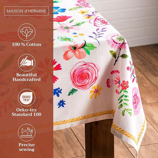 Maison d' Hermine Table Cloth Rectangle Table 100% Cotton 70 x 108 Inches Tablecloth Reusable Decorative for Dining Room Farmhouse Home Valentines Day Decorations Spring Summer- Happy Florals - Sweety