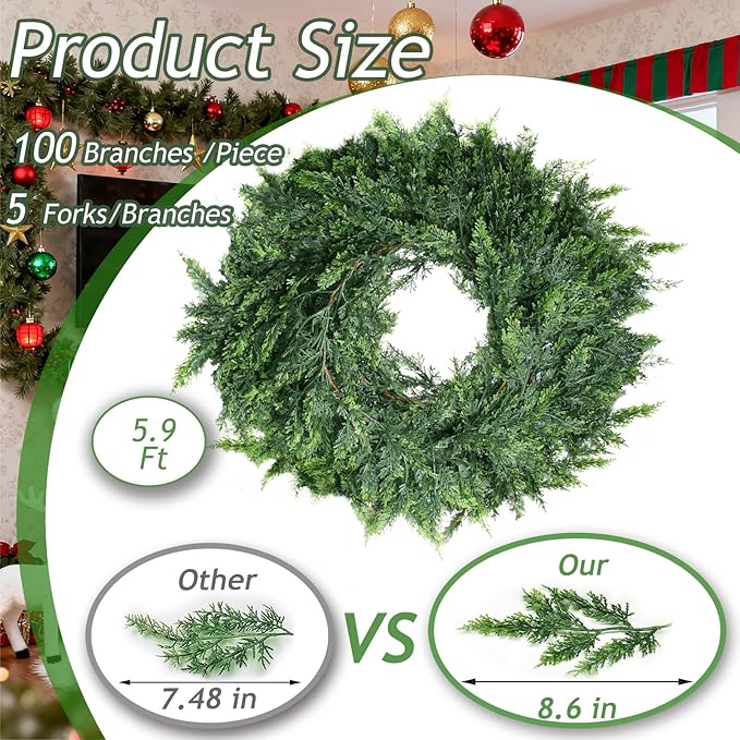 Grever 6 Feet Artificial Cedar Garland Real Touch Fake Evergreen Greenery Garland for Indoor and Outdoor Fireplace, Mantle, Door, Windows, Table, Stairs, Wall, Wedding and Holiday Decor