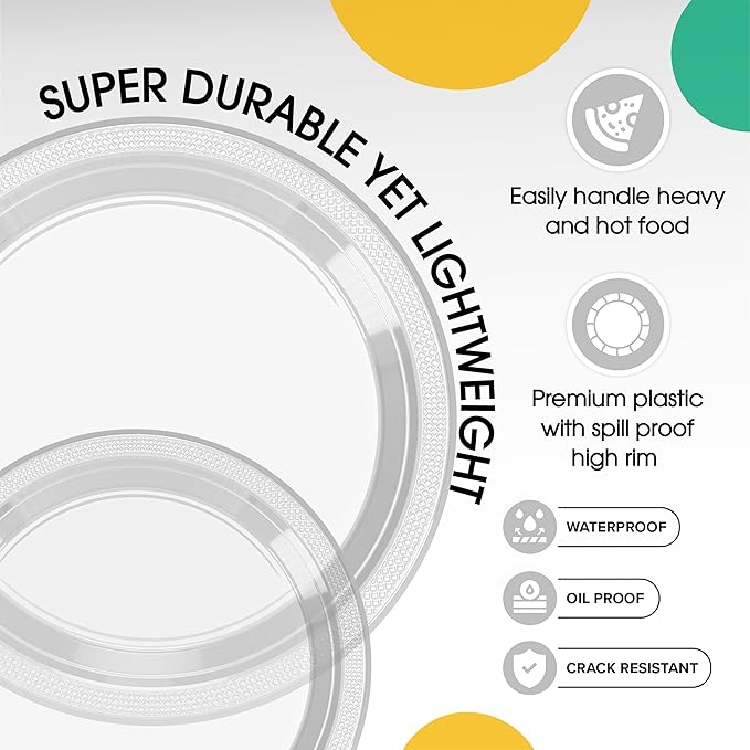 Party Solids Clear Plastic Plates For Party Supplies, Clear Disposable Plates 100 Pieces - 50-7" & 50-9" Heavy Duty 350 GSM Disposable Dinnerware Sets, Plastic Dinnerware Sets
