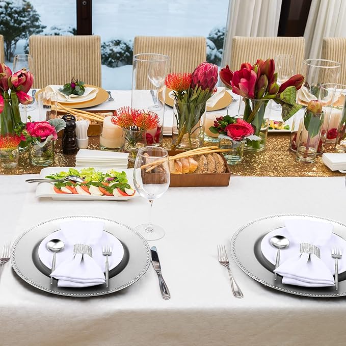 Rtteri 48 Pcs Charger Plates Set, Bulk 24 Plastic Plate Chargers with 24 Napkin Rings, 13 Inch Round Dinner Chargers for Table Setting Wedding Party Baby Shower Event Decoration(Sliver)