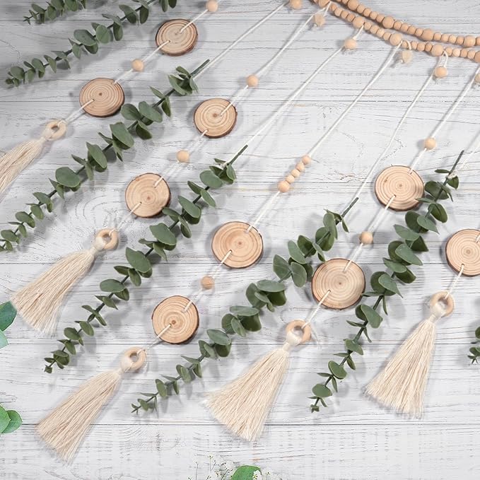 Artificial Hanging Eucalyptus Wall Decor Fake Greenery Leaves Wall Hanging Plants on Long Wooden Beads Garland Wall Art Large Boho Rustic Farmhouse Decor for Bathroom Bedroom Living Room Sage Green