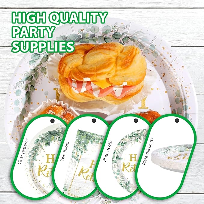Grencian 200Pcs Sage Green Retirement Party Decorations Greenery Happy Retirement Plates and Napkins Gold Green Retire Tableware Set for Women Men Teachers Goodbye Going Away Party Supplies Serves 50