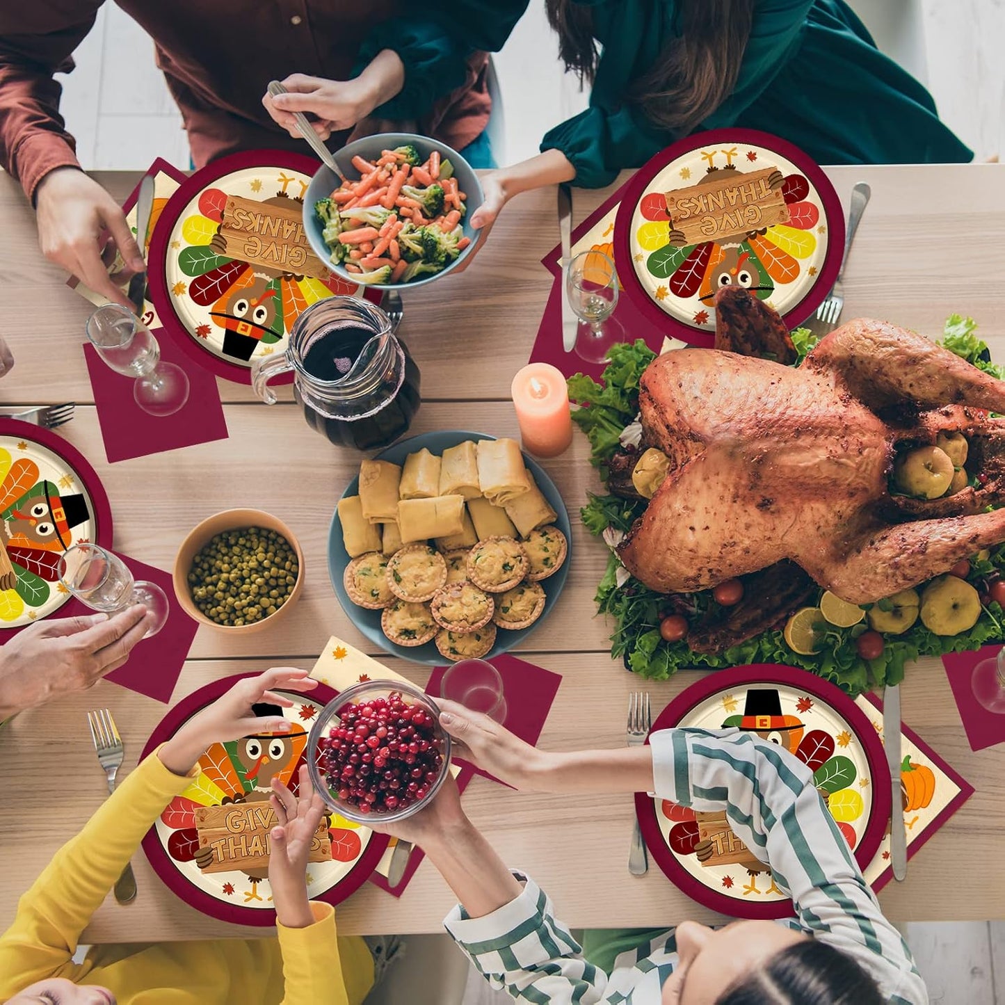 Turkey Thanksgiving Party Supplies Kit, Autumn Disposable Dinnerware Includes, Paper Dinner Plates, Dessert Plates, Luncheon Napkins and Beverage Napkins, for Fall party Decorations, Serve 50