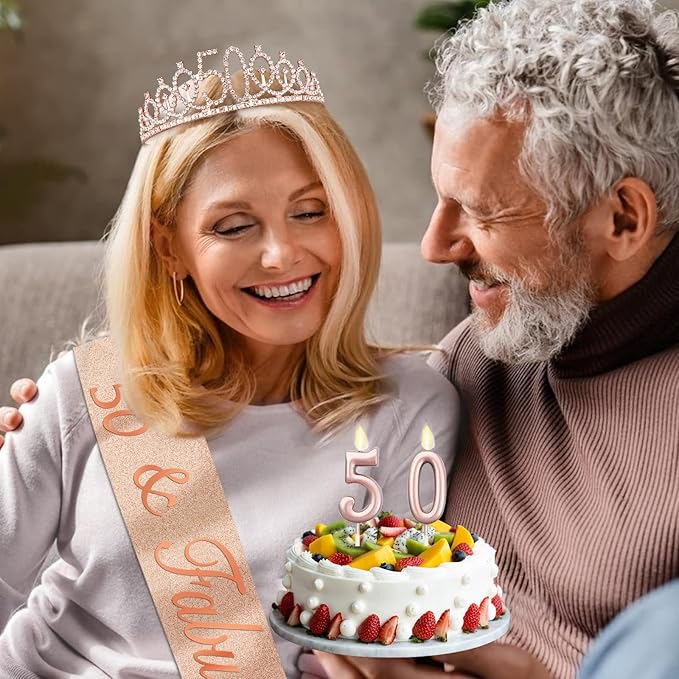 50th Birthday Decoration for Women with Rose Gold Sash, Tiara,Numbers Candles, Sincere 50th Birthday Gifts for Women