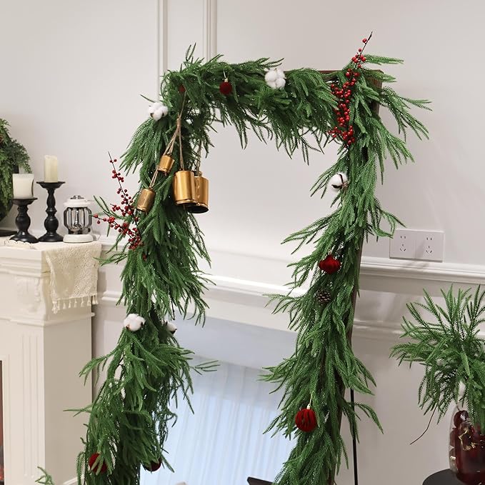 Senjie Christmas Garland Norfolk Pine Garland Real Touch Artificial Greenery Garland for Mantle Fireplace Table Indoor Outdoor Holiday Decortions 6FT 2PCS