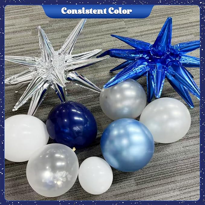 Blue White Silver Balloon Garland Arch Kit, 140Pcs Navy Light Metallic Blue Silver White Confetti Balloons With Stars for Birthday Wedding Birdal Shower Graduation Fathers Day Party Decorations