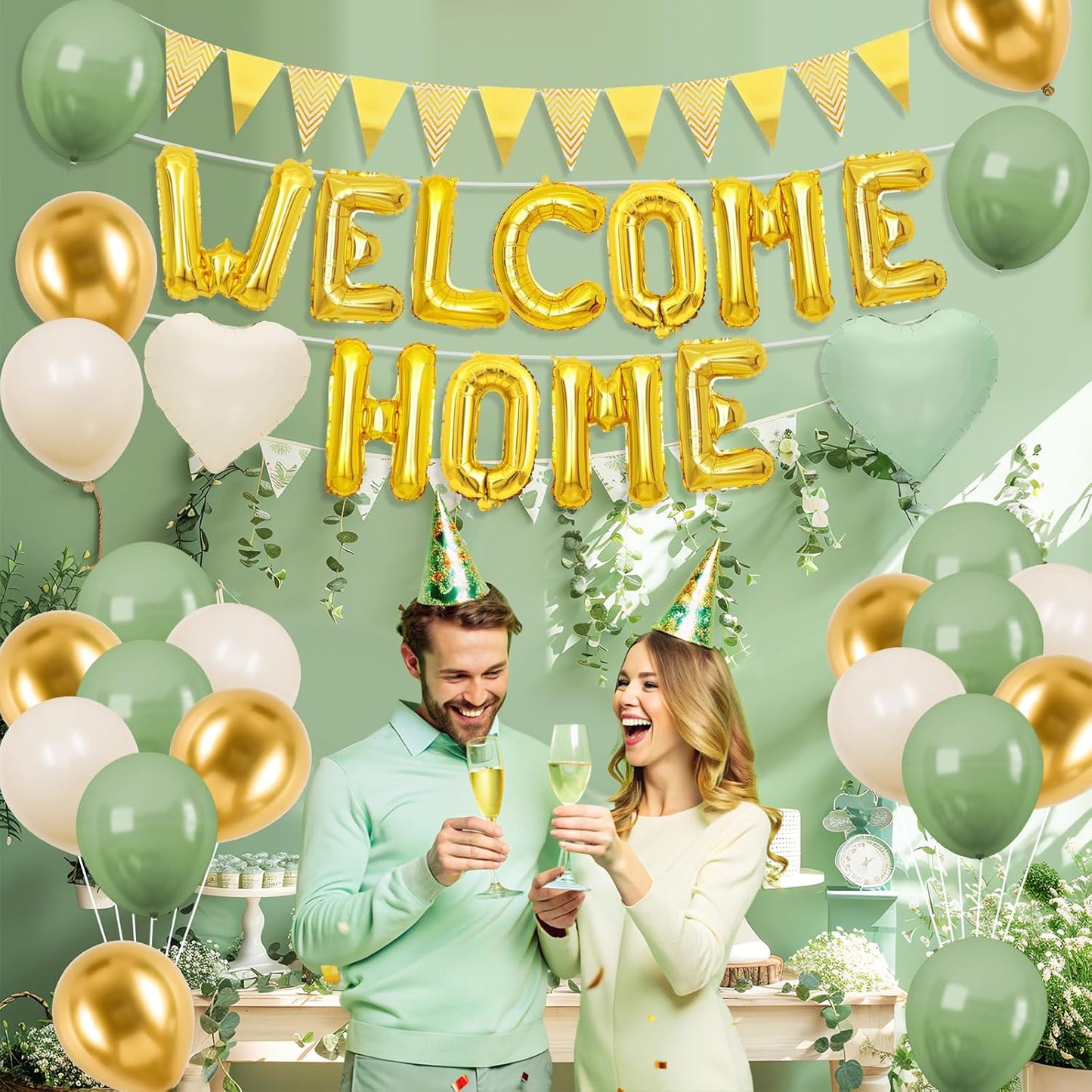 Welcome Home Decorations Green Gold,Gold Welcome Home Foil Balloon Banner with Sage Green White Heart Balloons Pennant Flag Bunting for Housewarming Baby Shower Home Family Party Supplies