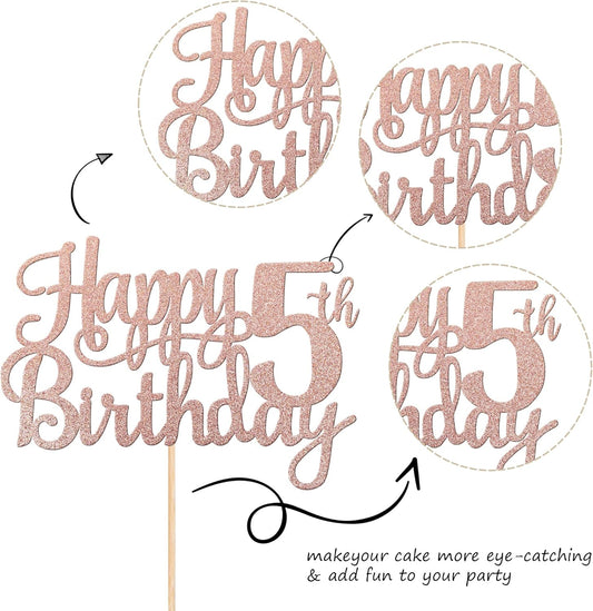 1 PCS Happy 5th Birthday Cake Topper Glitter Cheers to 5 Years Cake Pick Number 5 Fabulous Cake Decoration for 5th Birthday Theme Party Decorations Supplies Rose Gold
