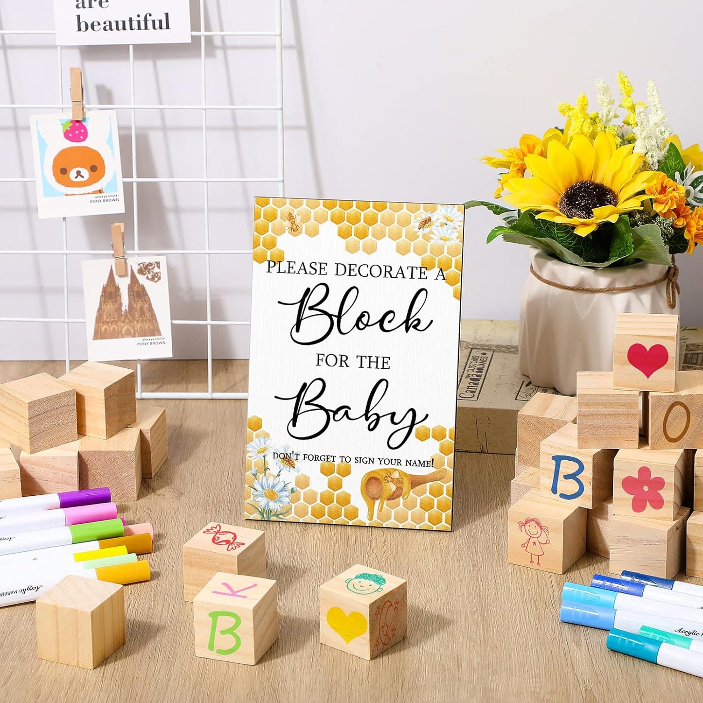 Tatuo 75 Pcs Baby Shower Games Sign Kit Including Decorate a Block Game Sign 50 DIY Wooden Block 24 Acrylic Paint Marker Baby Shower Prize for Gender Reveal Party(Bee)