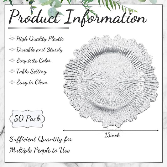 50 Pcs 13 Inch Charger Plates Bulk Plastic Plate Chargers with Floral Reef Design Round Ruffled Rim Dinner Charger Plates for Dinner Wedding Party Event Table Setting Decor (Silver)