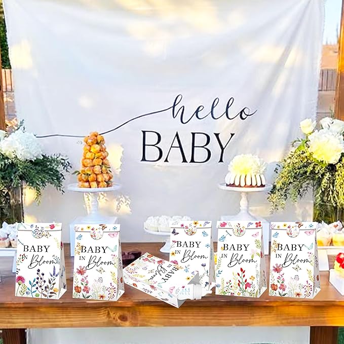 BACH AND BOUJEE 12 PCS Baby in Bloom Party Favors Gift Bags Floral Small Goodie Candy Bags with Stickers Wildflower Baby in Bloom Baby Shower Birthday Party Supplies