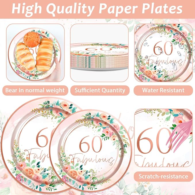96Pcs 60th Birthday Party Supplies 60 Fabulous Paper Plates Napkins 60 Years Party Decorations Rose Gold Birthday Dinnerware Party Favor Women 60th Birthday Tableware Serves 24