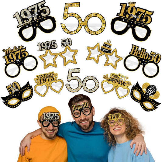 24Pcs 1975 50th Birthday Paper Glasses Decorations for Men Women - Black Gold Happy 50th Birthday Paper Eyeglasses Photo Props, Vintage 1975 Fifty Years Old Birthday Party Supplies