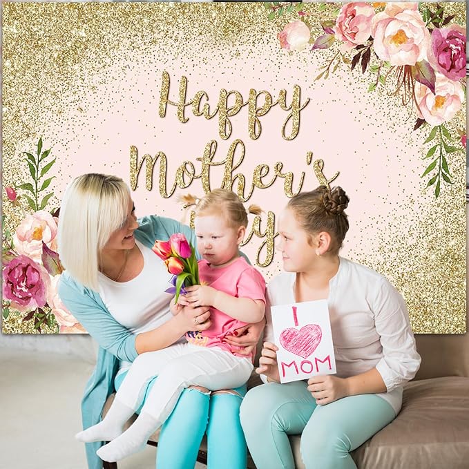 Avezano Glitter Gold Happy Mother's Day Backdrop for Thanks Mother Party Photoshoot Photography Background Blush Pink Golden Glitters Dots Floral Mom's Day Party Decorations Backdrops (8x6ft)