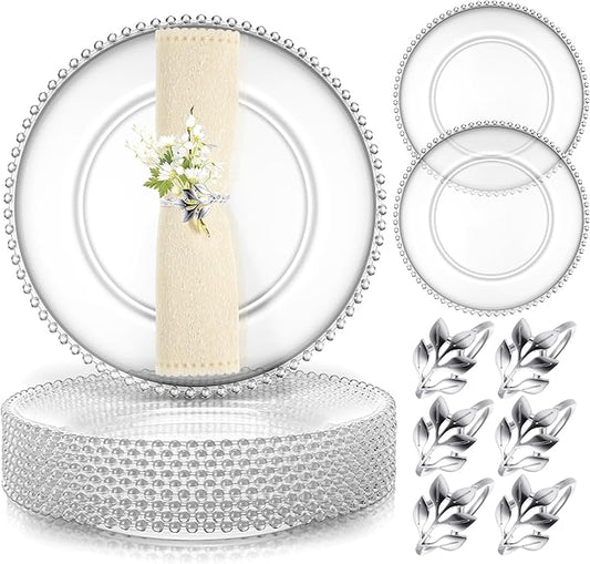 Bokon 12 Set Clear Charger Plates Bulk 13 Inch Beaded Plastic Charger Plates with Napkin Rings Acrylic Round Dinner Table Decorative for Party Wedding Thanksgiving(clear and Silver, 12)