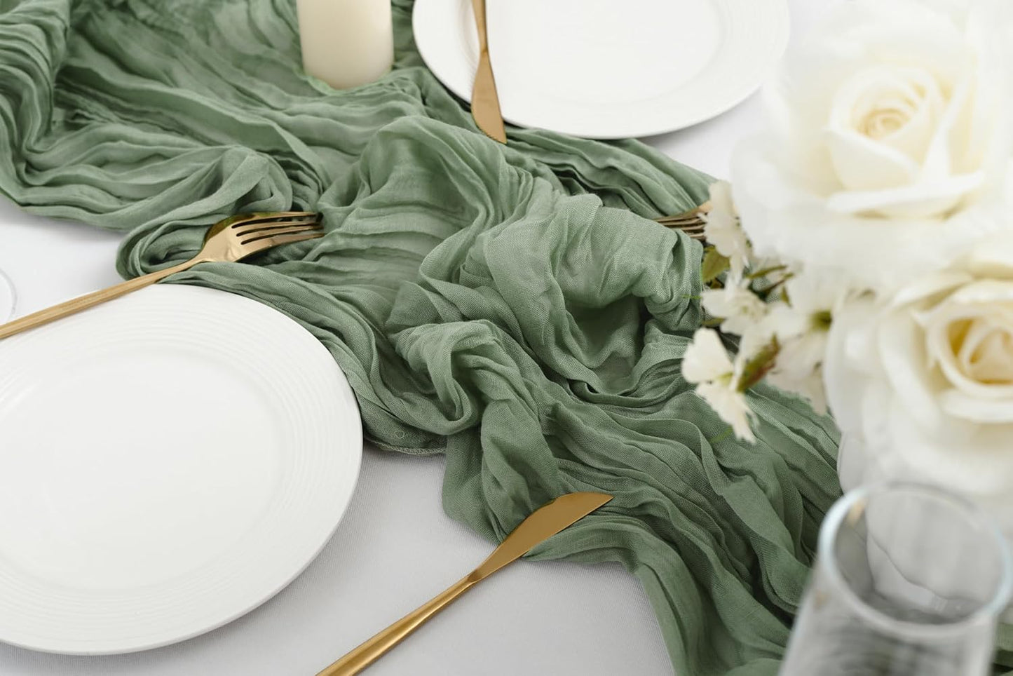 combocube 12 Pack 35x120 Inch 10Ft Cheesecloth Long Table Runner Gauze Rustic Romantic Table Cloth for Wedding Reception Bridal Shower Holiday Birthday Party Table Decorations, Sage Green
