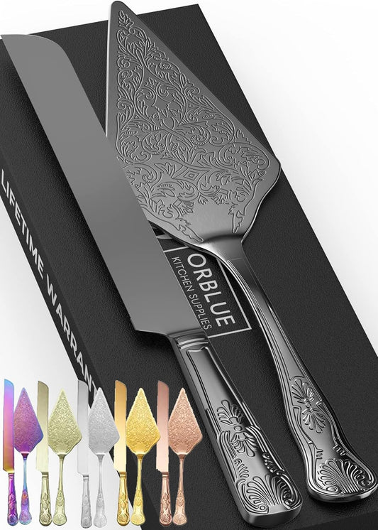 Orblue Wedding Cake Knife and Server Set - Premium, Beautifully Engraved Cutting Set - Elegant Keepsake for Newlyweds Black