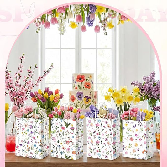 Gilprop 48 Pcs Wildflower Paper Gift Bags Spring Floral Candy Goodie Treat Bags Easter Flower Party Favor Bag with Handle for Mother's Day Birthday Party Bridal Shower Wedding Gift Wrapping Supplies