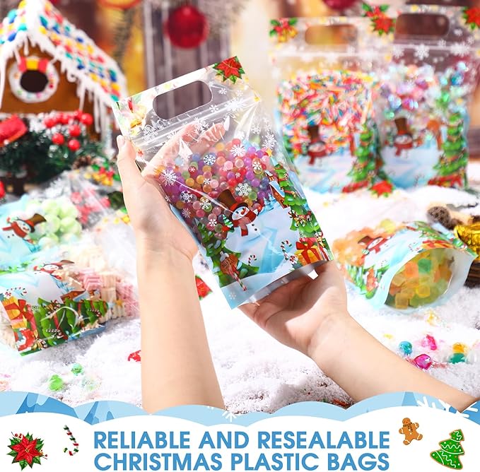 Blosssound 50 Pcs Christmas Goodie Bag Xmas Gift Bags Plastic Snowman Candy Pouches Merry Christmas Favor Pouches with Handle for Xmas Holiday Party Candy Guests Gift Wrapping Supplies Decor(Snowman)
