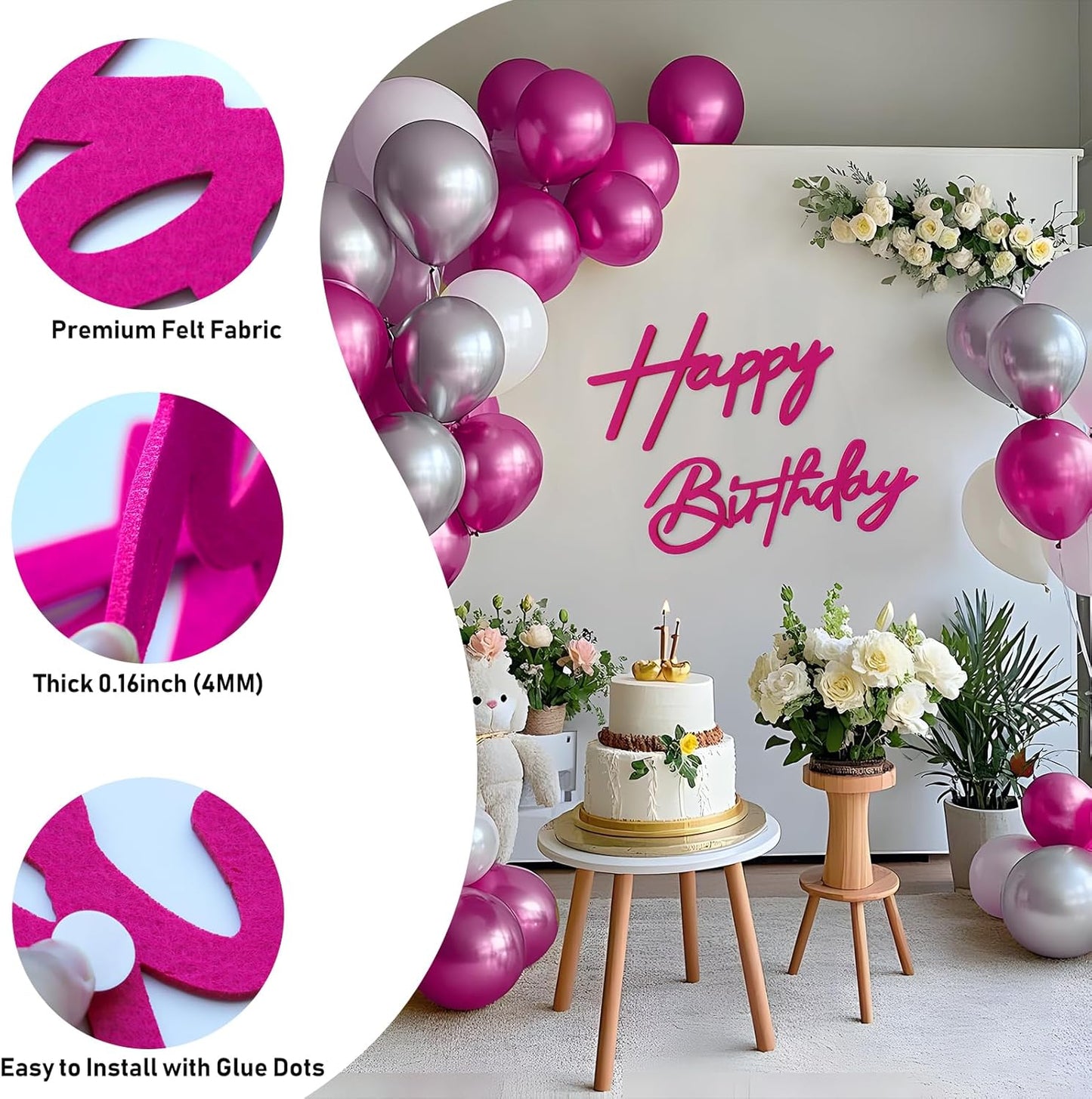 Hot Pink Happy Birthday Sign for Backdrop - Felt Happy Birthday Letters for Balloon Arch Party Backdrop Decorations Large Reuseable Signs for Baby Girl Women Party Baby Shower