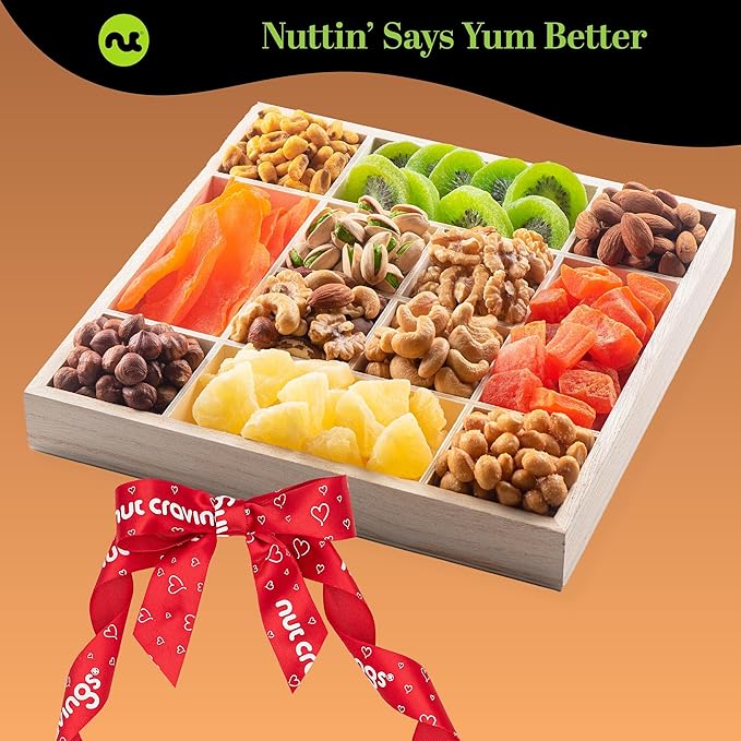 NUT CRAVINGS - Halloween Treats For Adults Dried Fruit & Mixed Nuts Gift Basket in Reusable Wooden Tray + Ribbon (12 Assortments) Holiday Xmas Christmas Food Arrangement, Healthy Snack Care Package,