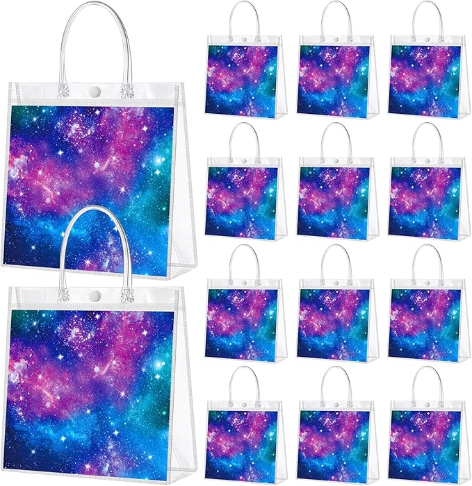 Kacctyen 24 Pcs Galaxy Party Clear PVC Gift Bags Starry Sky Favor Bags Space Treat Tote Starry Night Gift for Solar System Planet Birthday Baby Shower Party Supplies, 7.87 x 7.87 x 3.15 Inch