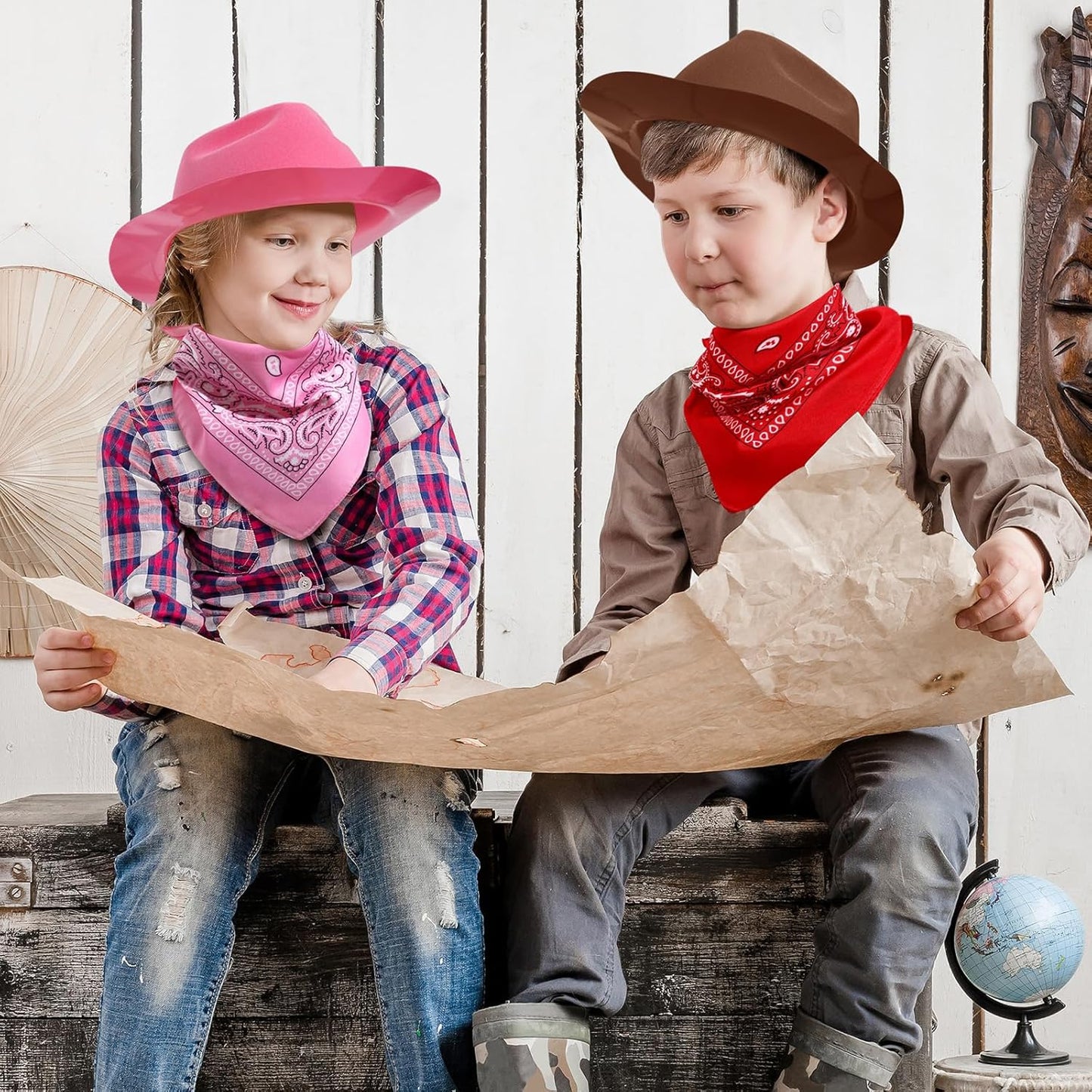 Hillban 72 Pcs Western Cowboy Hat and Paisley Bandana Set for Kids Felt Cowboy Party Hats for Costume Party Favors(Brown, Pink)
