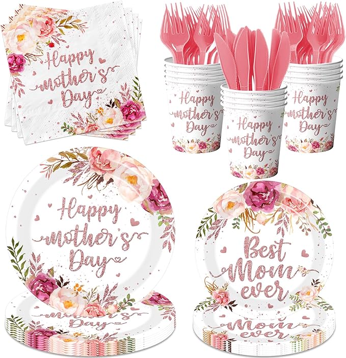 Mothers Day Paper Plates and Napkins Set, 144Pcs Floral Theme Disposable Tableware for 24 Guests, Includes Dinner Plates, Dessert Plates, Luncheon Napkins for Party Decorations