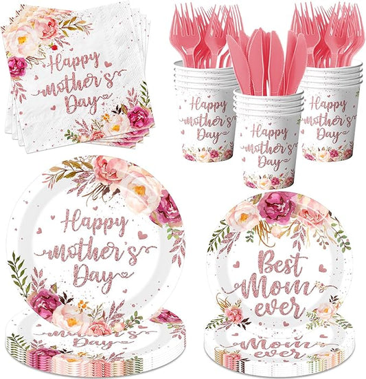Mothers Day Paper Plates and Napkins Set, 144Pcs Floral Theme Disposable Tableware for 24 Guests, Includes Dinner Plates, Dessert Plates, Luncheon Napkins for Party Decorations