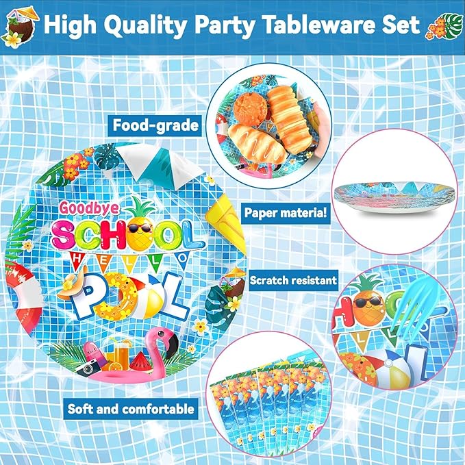 OBUSATT 96 Pcs Goodbye School Hello Pool Party Supplies Summer Beach Paper Plates Napkins Summer Vacation Dinnerware Party Decorations Favor for End of School Year Serves 24