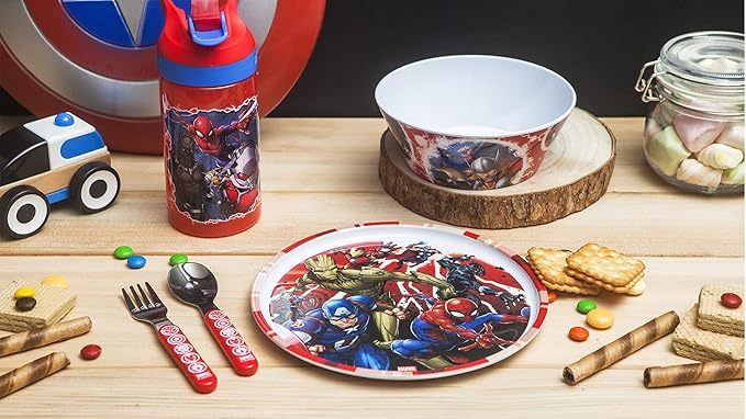 Zak Designs 5-Piece Dinnerware Set, Marvel Universe - Durable Plastic & Stainless Steel - Includes Water Bottle, 8-Inch Plate, 6-Inch Bowl, Fork & Spoon - Suitable for Kids Ages 3+